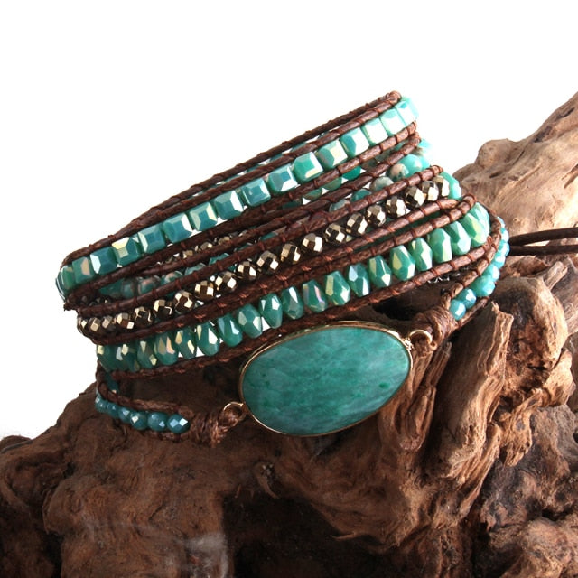 Green Mixed Natural Stones 5 Strands Beaded Wrap Bracelets
