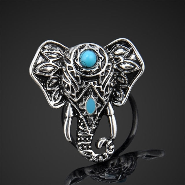 Silver Plated Turquoise Elephant Head Ring